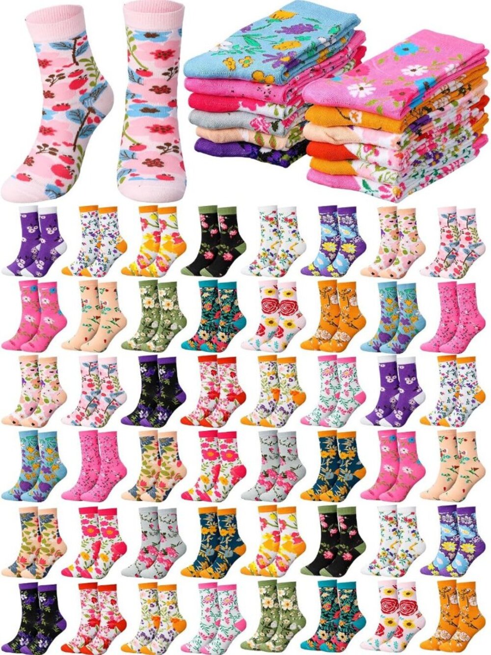 48 Pairs Flower Socks Bulk | Fun Novelty Gifts for Women | Cute & Colorful
